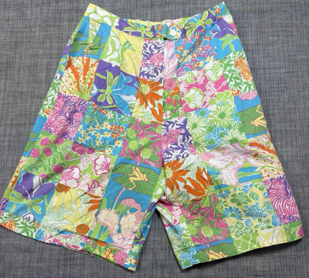 Lilly Pulitzer VTG Patchwork Shorts Sz 10 Floral Pink Frog Zebra Cotton Multi